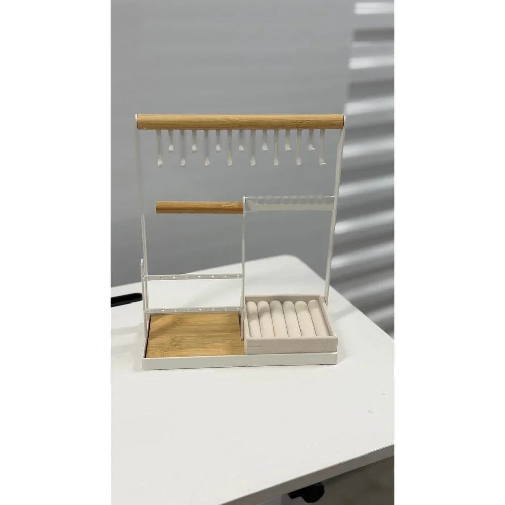 White Metal and Bamboo Jewelry Stand Organizer Necklace Holder Ring Tray